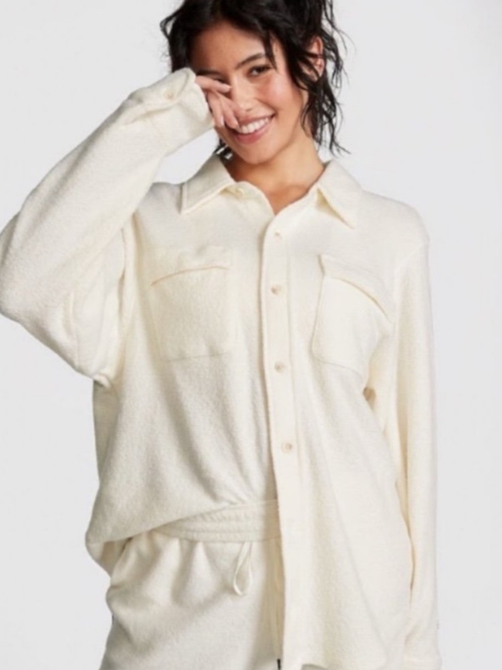 NWT PINK Victoria’s Secret Reverse Fleece Shacket Size XL Cream White NEW